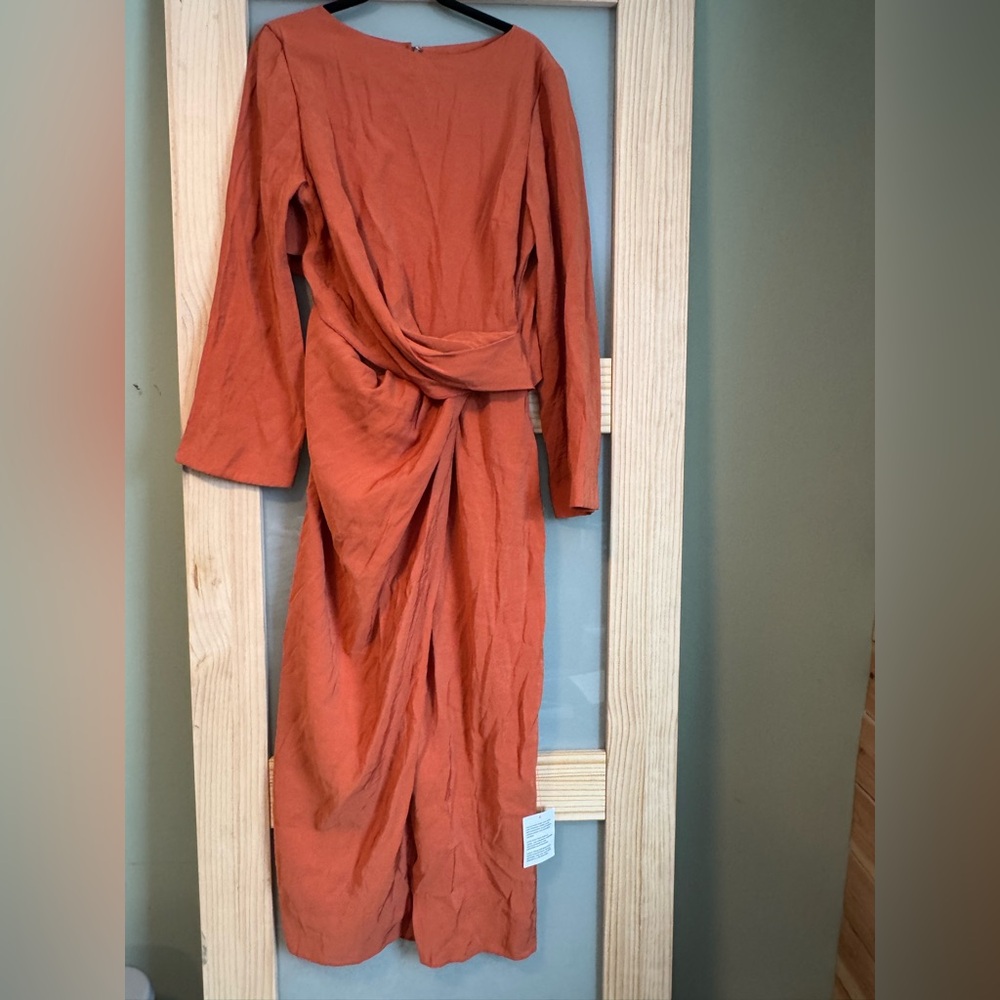 Rust Draped Midi Dress Long Sleeve Twist Front Wedding Guest NWT